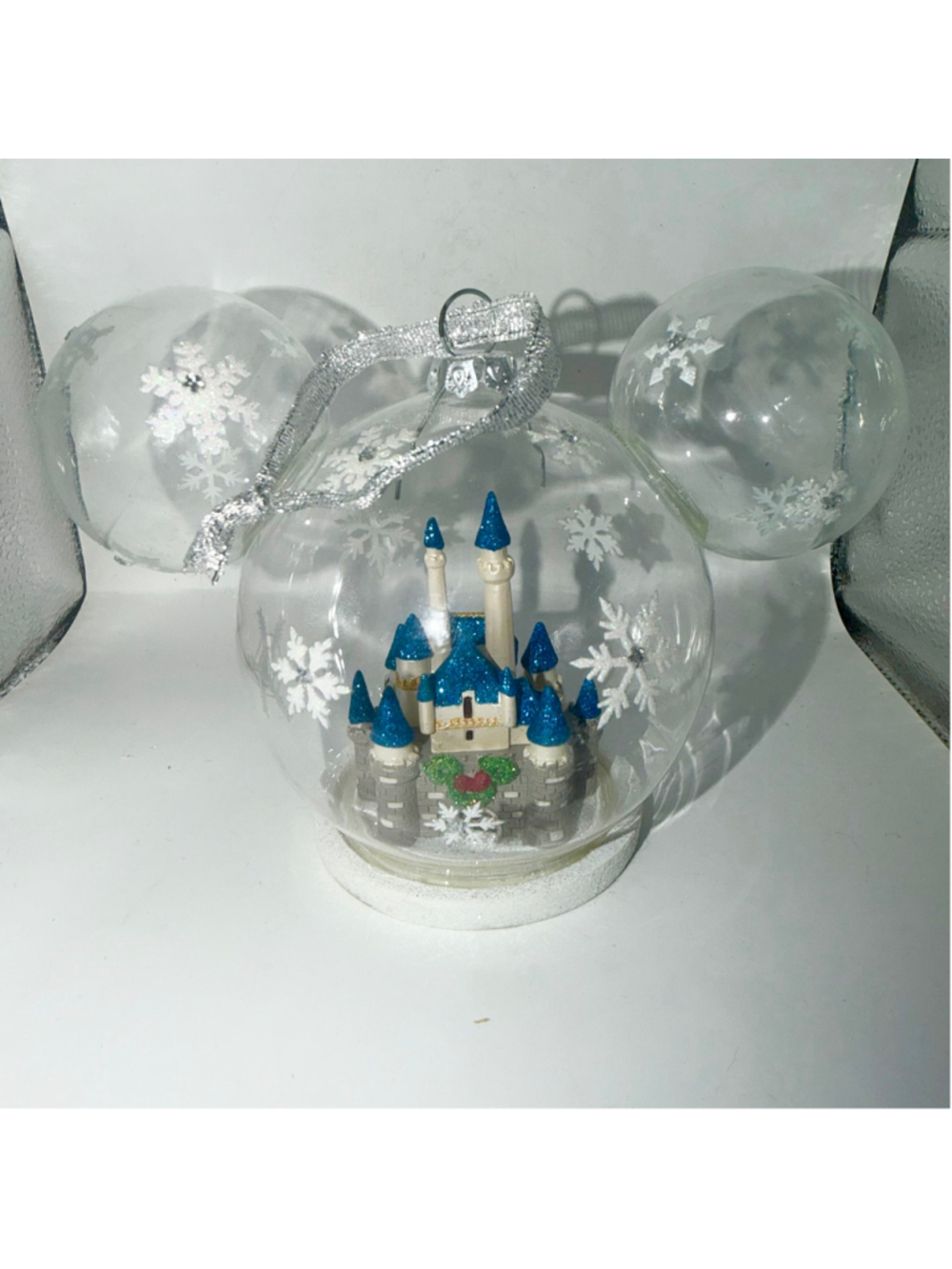 Disney Mickey Ears Glass Ornament Mickey Mouse Fantasyland Castle Globe Retired